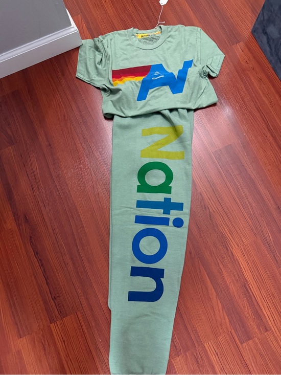 Aviator Nation Pants - Aviator Nation Mint Green Logo Sweatpants and Tee Set
